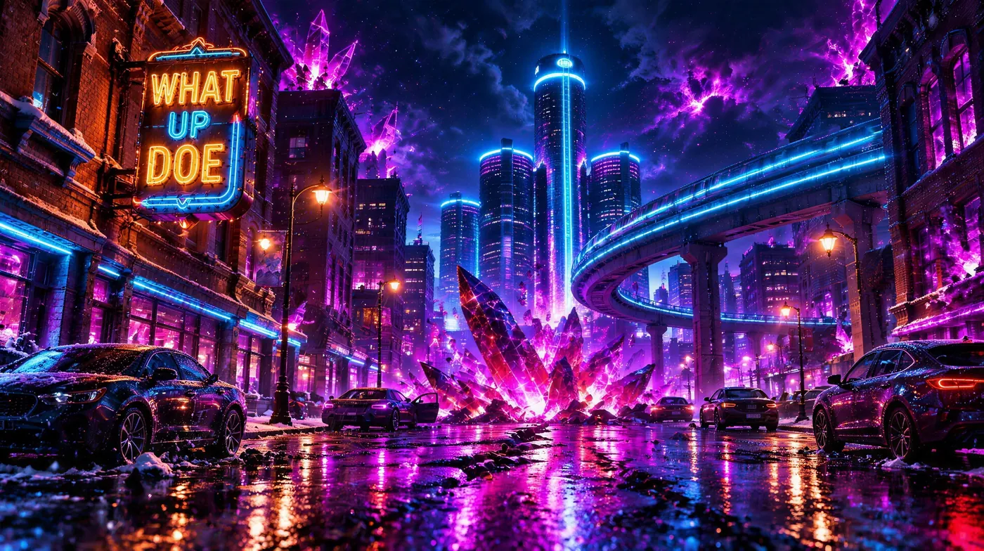 A Detroit avenue at night in 2031, a neon WHAT UP DOE sign, red-violet crystals bursting through the street